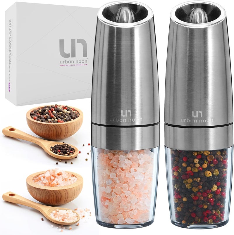 urban noon Gravity Salt and Pepper Grinder Set - Battery Operated Stainless Steel Mills with Light (2 Grinders) - Automatic One Handed Operation - Electric Adjustable Shakers - Ceramic Grinders - Image 1